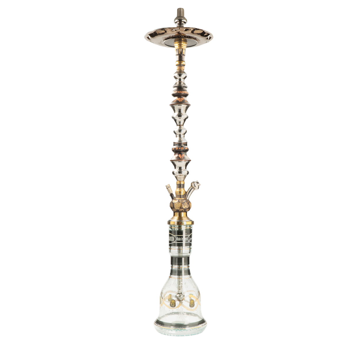 Shisha Khalil Mamoon Quadmétal 95 cm, gegraveerde quadmétal kolom en glazen vaas met vergulde faraonische motieven