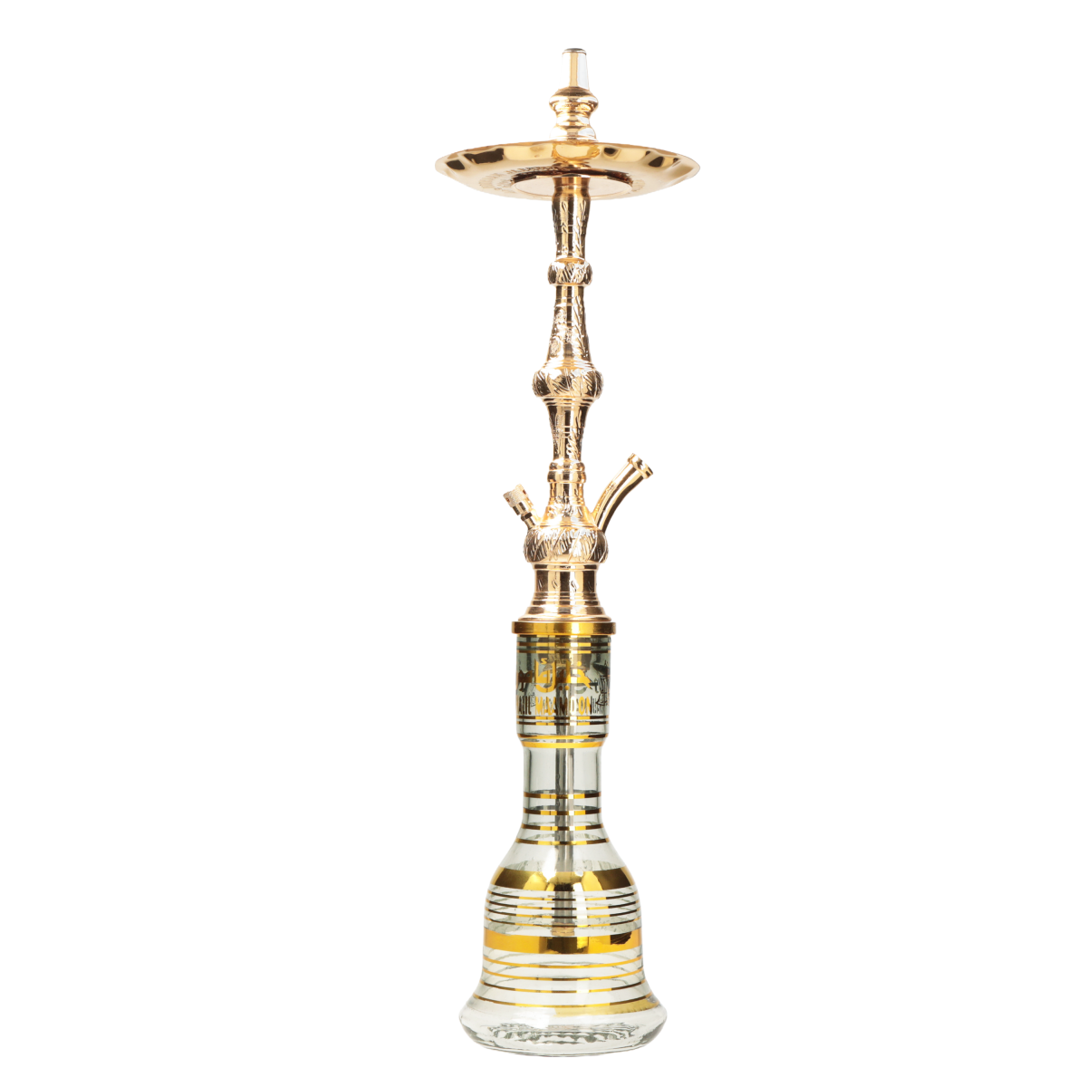Šiša Khalil Mamoon Taj Mahal Gold, 77 cm, od graviranog pozlaćenog mesinga, sa staklenom vazom ukrašenom zlatnim linijama